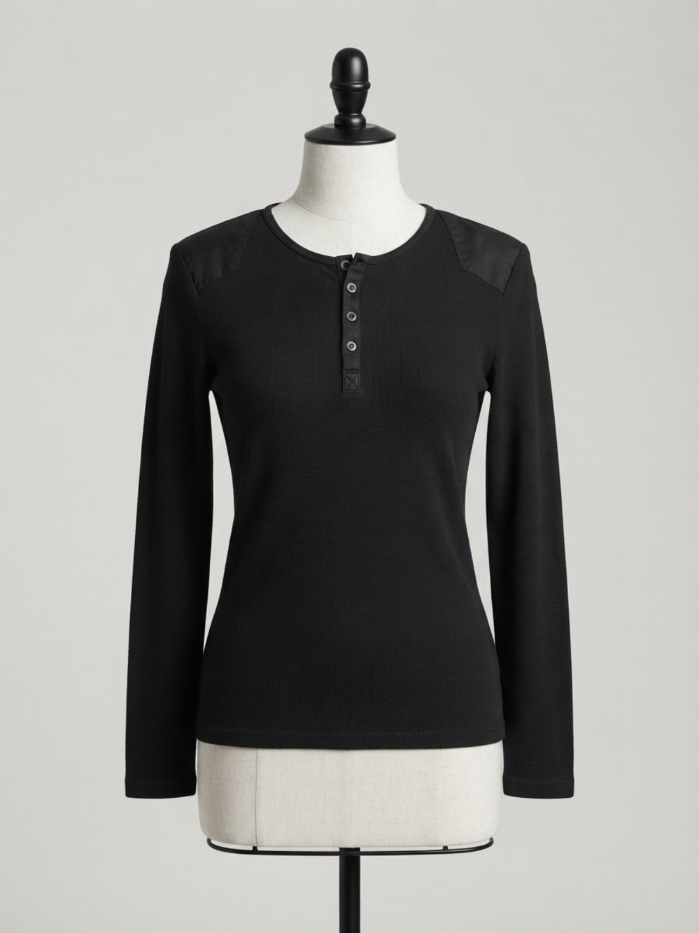 H&M Black Long-Sleeve Henley with Button Placket